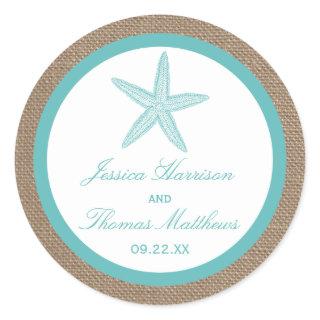 Turquoise Starfish Burlap Beach Wedding Collection Classic Round Sticker