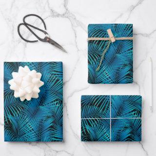 Turquoise Tropical Palm Leaves on Black  Sheets