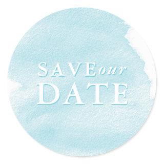 Turquoise Watercolor Wash Save our Date Classic Round Sticker