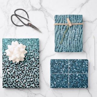 Turquoise White Blue Leopard Print Glitter     Sheets
