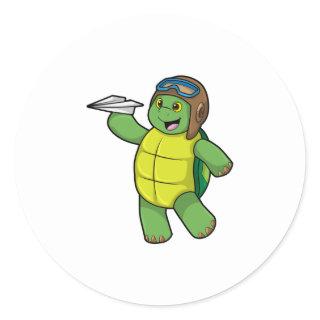 Turtle as Pilot with Paper plane Classic Round Sticker