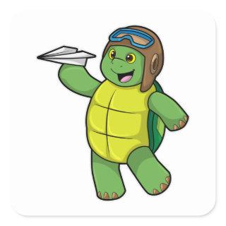 Turtle as Pilot with Paper plane Square Sticker