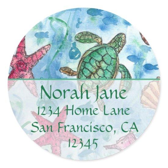 Turtle Sea Creatures Blue Return Address Classic Round Sticker