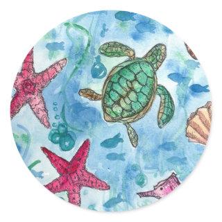 Turtle Starfish Shells Sea Creature Watercolor Classic Round Sticker