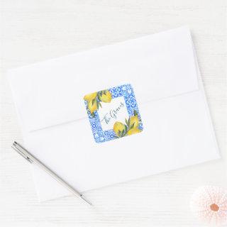Tuscan Tile Watercolor with Lemon  Square Sticker