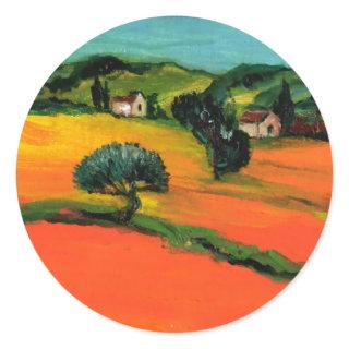 TUSCANY LANDSCAPE WITH SUNFLOWERS CLASSIC ROUND STICKER