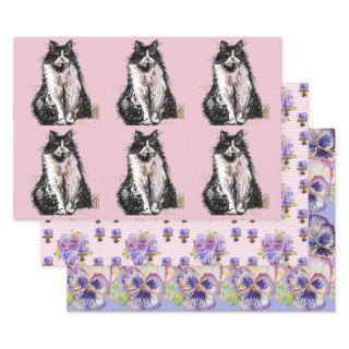 Tuxedo Cat Cats Pink flower Watercolor Painting  Sheets