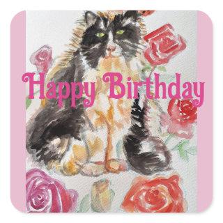 Tuxedo Cat Cute Roses Flowers Cats Watercolor Rose Square Sticker