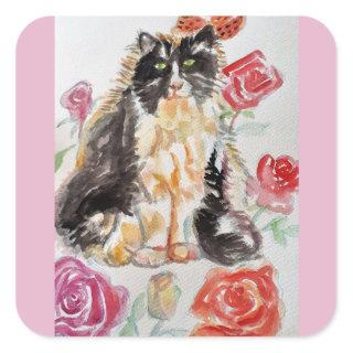 Tuxedo Cat Cute Roses Flowers Cats Watercolor Rose Square Sticker