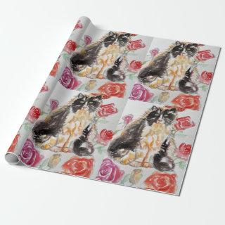 Tuxedo Cat Cute Roses Flowers Cats Watercolor Rose