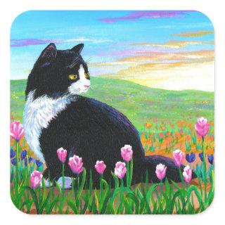 Tuxedo Cat Tulips Creationarts Square Sticker