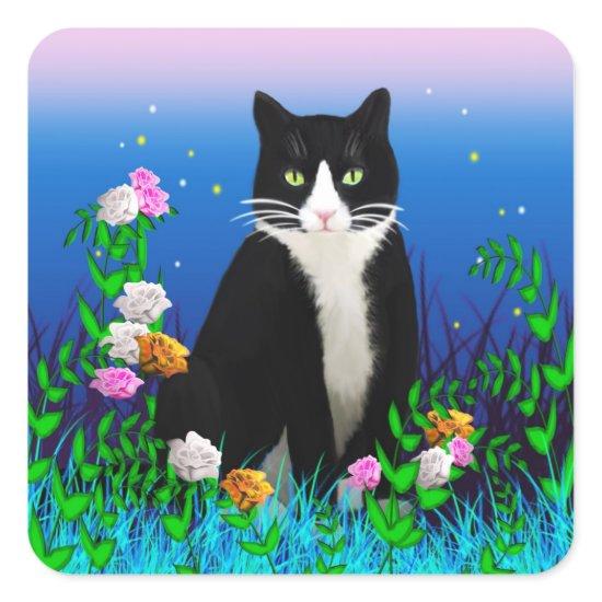 Tuxedo Cat with Flowers Stickers