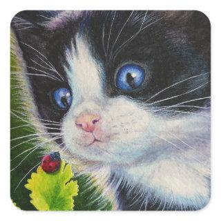 Tuxedo Kitten & Ladybug Watercolor Art Square Sticker