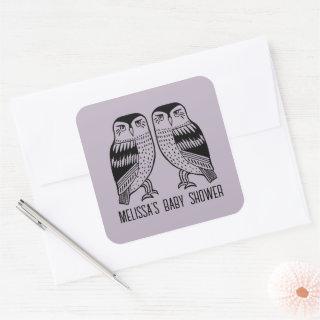 Twin Owls Cute Simple Chic CUSTOM BABY SHOWER Square Sticker