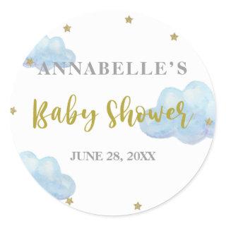 Twinkle Star Blue Clouds Watercolor Baby Shower Classic Round Sticker