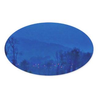 Twinkling Lights in a Blue Mountain Mist Oval Sticker