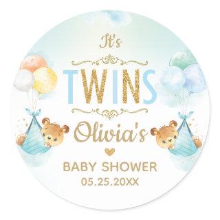 Twins Baby Boys Cute Bears Balloons Baby Shower  Classic Round Sticker