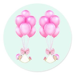Twins Girls Pink Balloons Baby Shower Classic Round Sticker