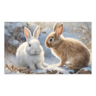 Two Adorable Bunny Rabbits Brown and White in Snow Rectangular Sticker