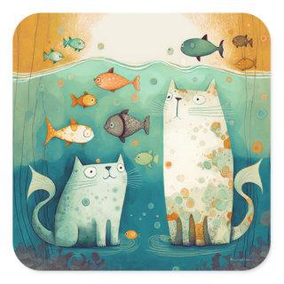 Two cats Watch Fish Floating - STICKER