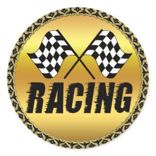 Two checkered racing flags for the competition win classic round sticker
