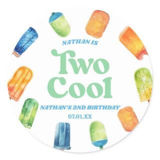 Two Cool Blue Retro Popsicle 2nd Birthday Party Classic Round Sticker