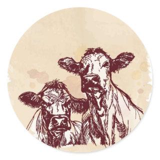 Two cows hand draw sketch & watercolor vintage classic round sticker