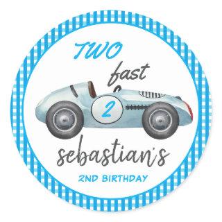Two Fast Blue Race Car 2nd Birthday Invitation Classic Round Sticker