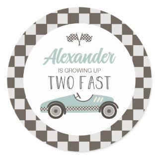 Two Fast blue Race Car Birthday Classic Round Sticker