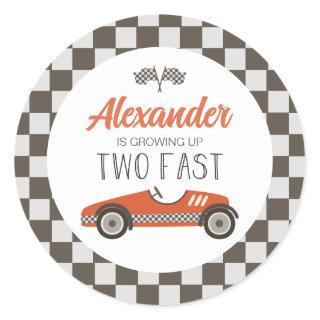 Two Fast red Race Car Birthday Classic Round Sticker