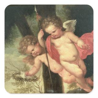 Two Flying Cherubs, holding the Crown of Thorns an Square Sticker