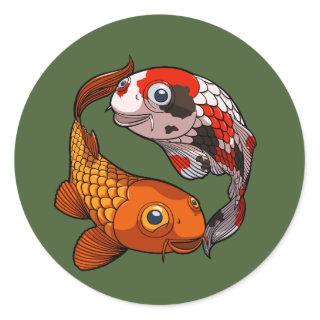 Two Friendly Koi Carp Swimming in a Circle Cartoon Classic Round Sticker