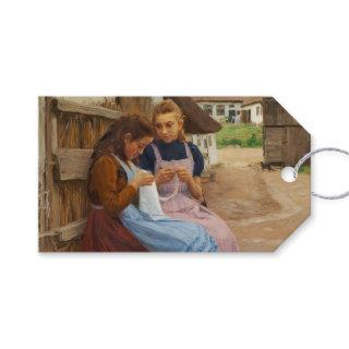 Two Girls With Needlework Sitting in a Farmyard Gift Tags