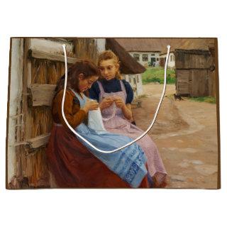 Two Girls With Needlework Sitting in a Farmyard Large Gift Bag