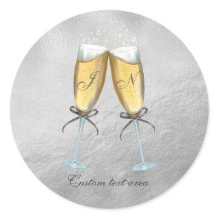 Two Glasses of Bubbly Faux Foil Silver Custom Classic Round Sticker