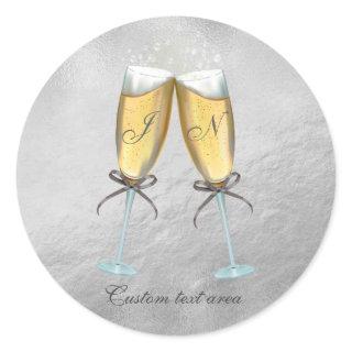 Two Glasses of Bubbly Faux Foil Silver Custom Classic Round Sticker