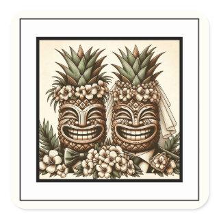 Two Grooms Gay Pineapple Tiki Head Retro Wedding  Square Sticker