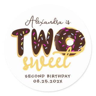 Two Sweet 2nd Birthday Donut Chocolate Script     Classic Round Sticker