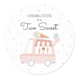 Two Sweet Ice Cream 2nd Birthday Party Favors Classic Round Sticker
