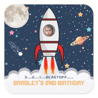 Two the Moon Rocket Ship 2nd Birthday Photo Square Sticker