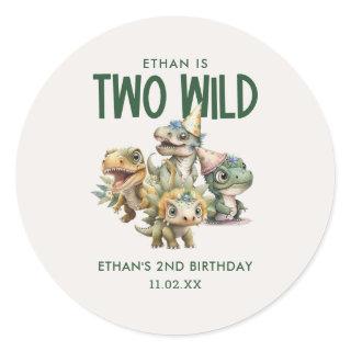 Two Wild Cute Dinosaur 2nd Birthday Party Favor Classic Round Sticker