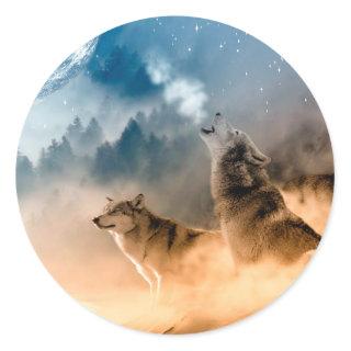 Two wolves howl at the full moon in forest classic round sticker