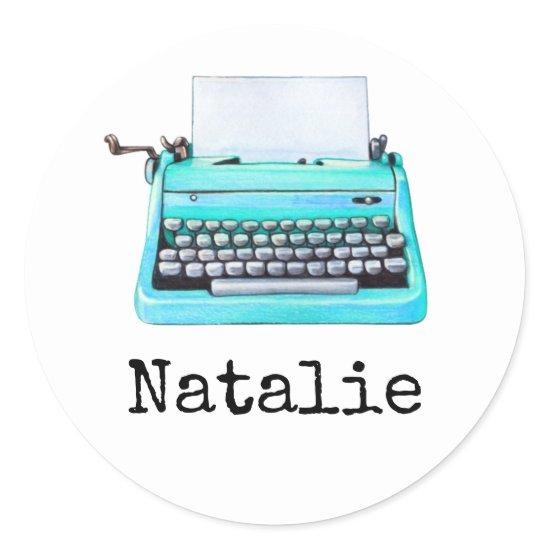 Typewriter With Name Girly Aqua Retro 1960s  Classic Round Sticker