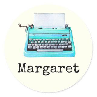Typewriter With Name Girly Aqua Retro 60s   Classic Round Sticker