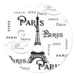 Typography Calligraphy Paris France Eiffel Tower Classic Round Sticker