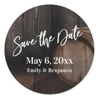 Typography Save the Date Brown Wooden Barrel Classic Round Sticker