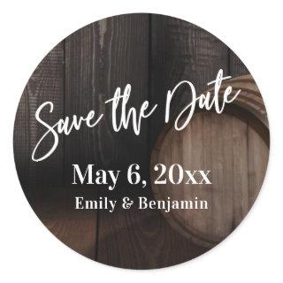 Typography Save the Date Brown Wooden Barrel Classic Round Sticker