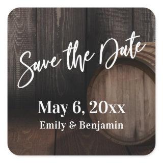 Typography Save the Date Brown Wooden Barrel Square Sticker