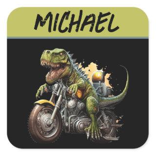 Tyrannosaurus Rex Dinosaur Riding a Motorcycle Square Sticker