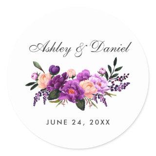 Ultra Violet Purple Floral Watercolor Wedding Classic Round Sticker